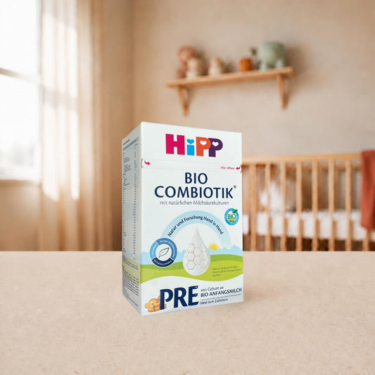 HiPP Bio Combiotik PRE organic infant formula box in a nursery