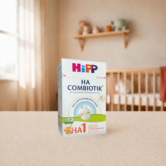 HiPP HA Combiotik 1 hypoallergenic formula box in a nursery