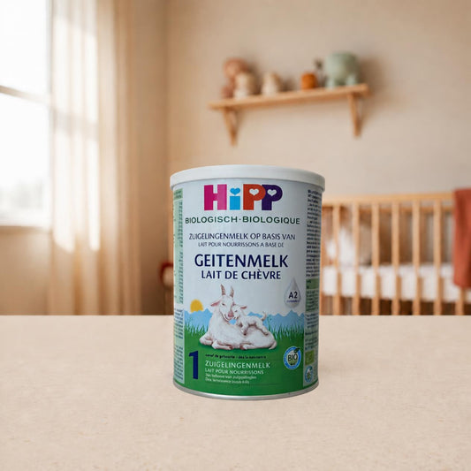 HiPP organic goat milk infant formula stage 1 tin in a nursery