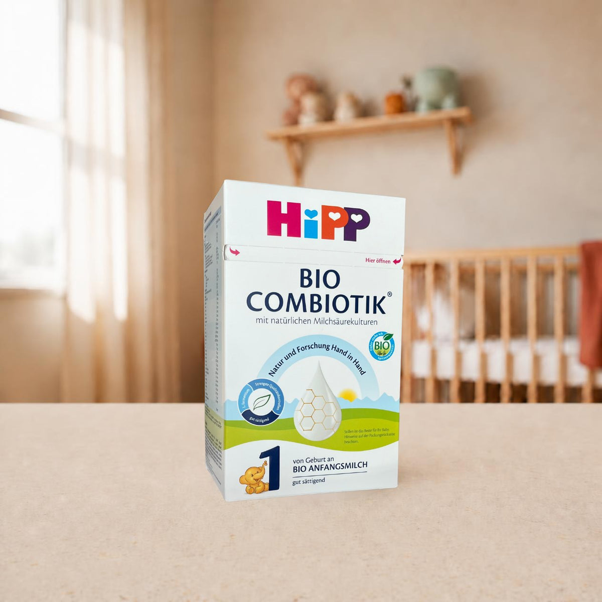 HiPP Bio Combiotik 1 organic infant formula 600g (German) in a nursery