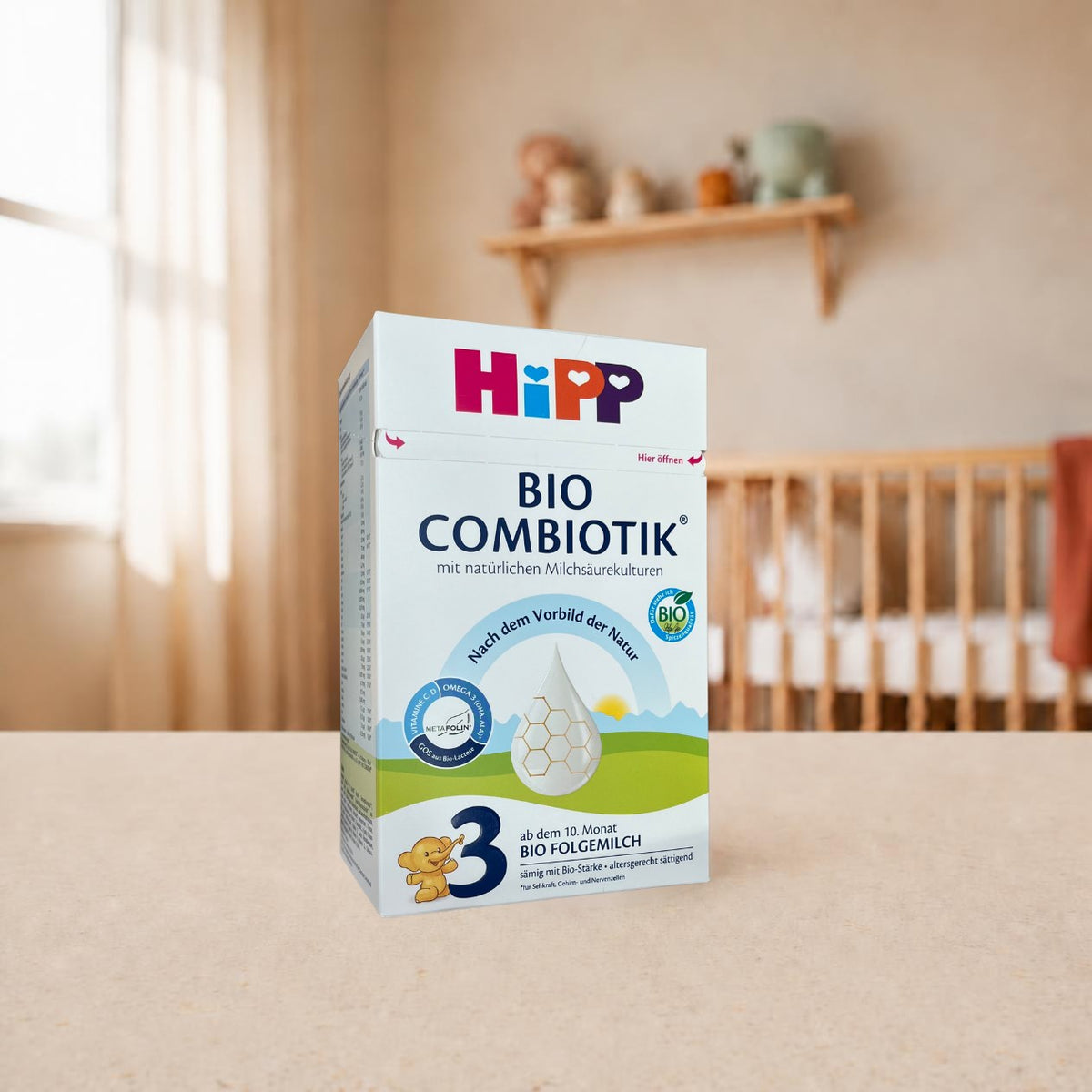 HiPP Bio Combiotik 3 organic follow-on formula 600g (German) in a nursery