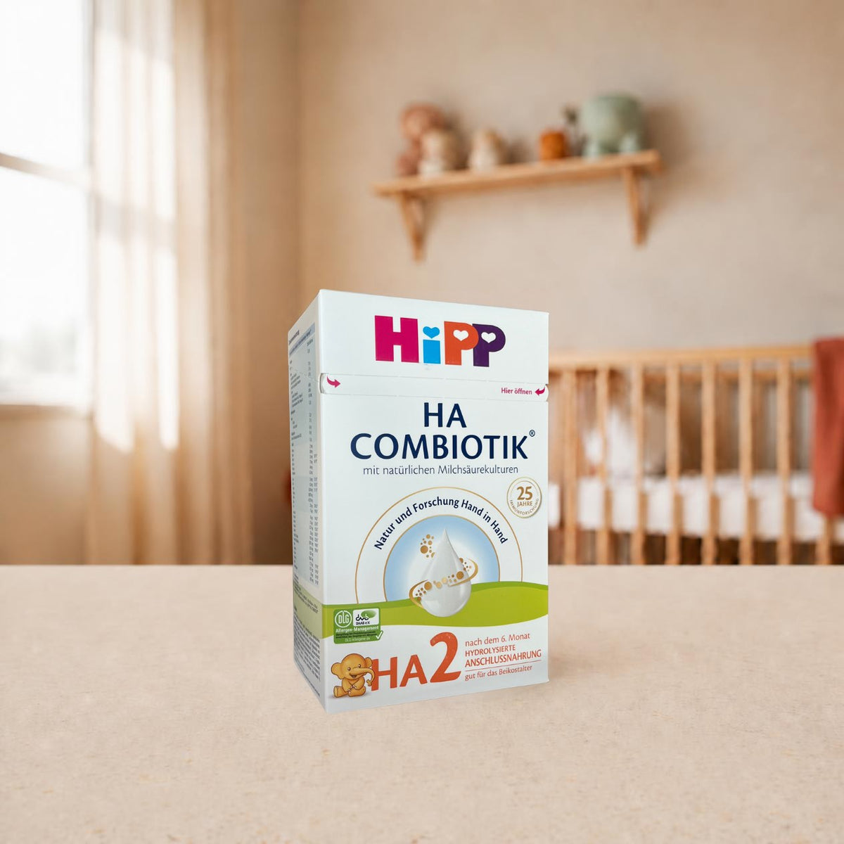 HiPP HA Combiotik 2 hypoallergenic formula 600g (German) in a nursery