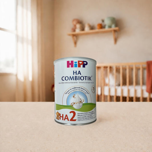 HiPP HA Combiotik 2 hypoallergenic formula 800g tin in a nursery