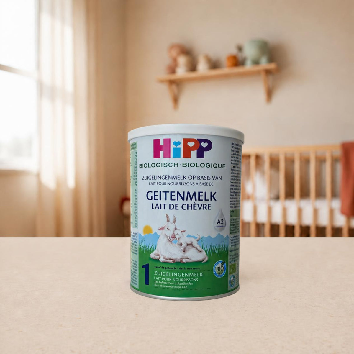 HiPP organic goat milk infant formula stage 1, 400g tin, in a nursery