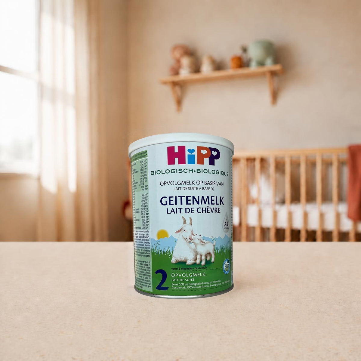 HiPP organic goat milk follow-on formula stage 2, 400g tin, in a nursery